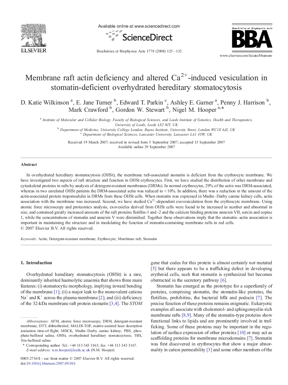 Membrane raft actin deficiency and altered Ca2+-induced vesiculation in stomatin-deficient overhydrated hereditary stomatocytosis