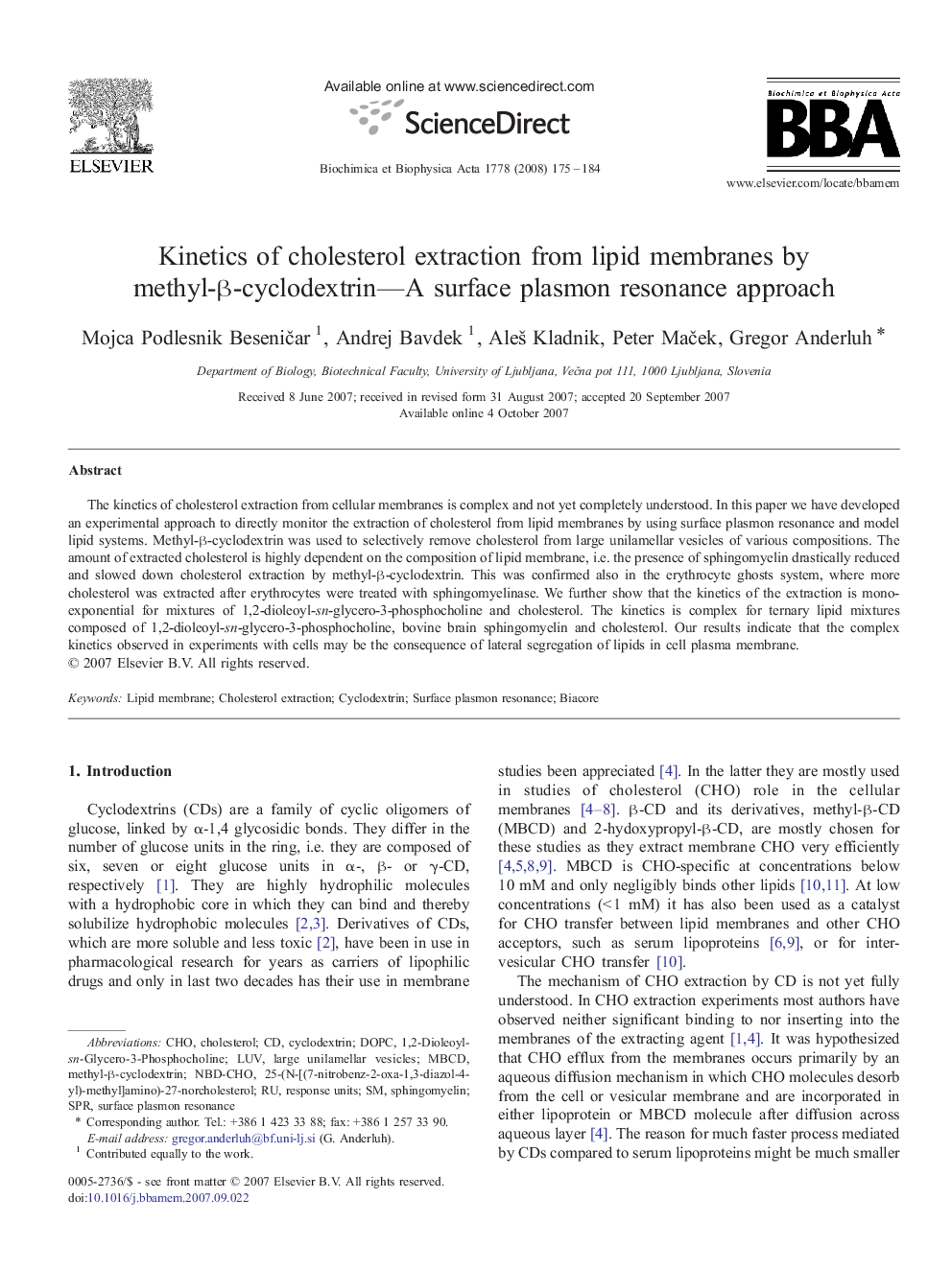 Kinetics of cholesterol extraction from lipid membranes by methyl-β-cyclodextrin—A surface plasmon resonance approach