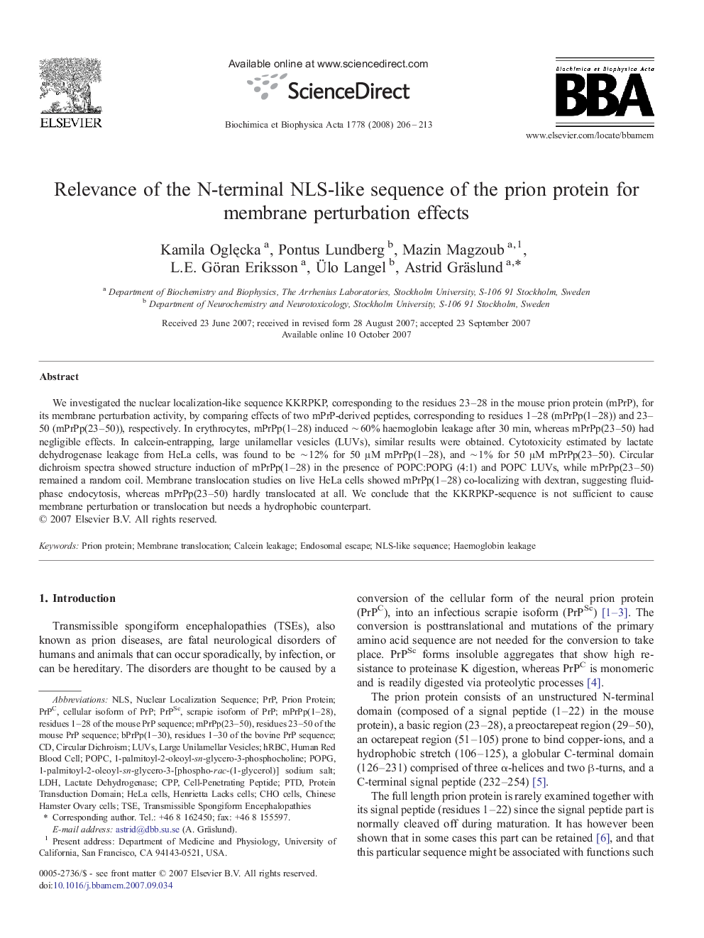 Relevance of the N-terminal NLS-like sequence of the prion protein for membrane perturbation effects