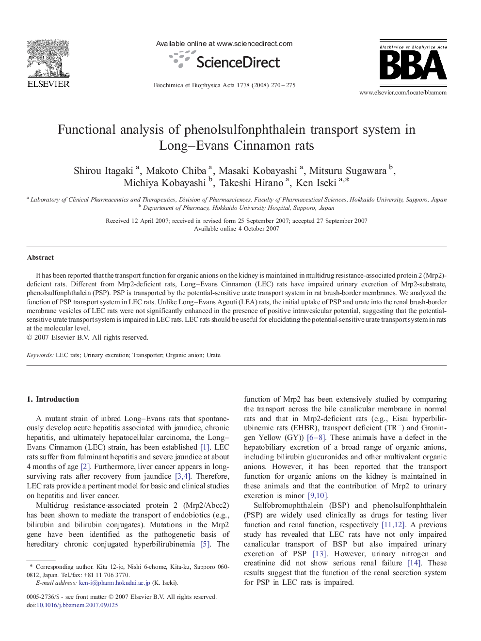 Functional analysis of phenolsulfonphthalein transport system in Long–Evans Cinnamon rats