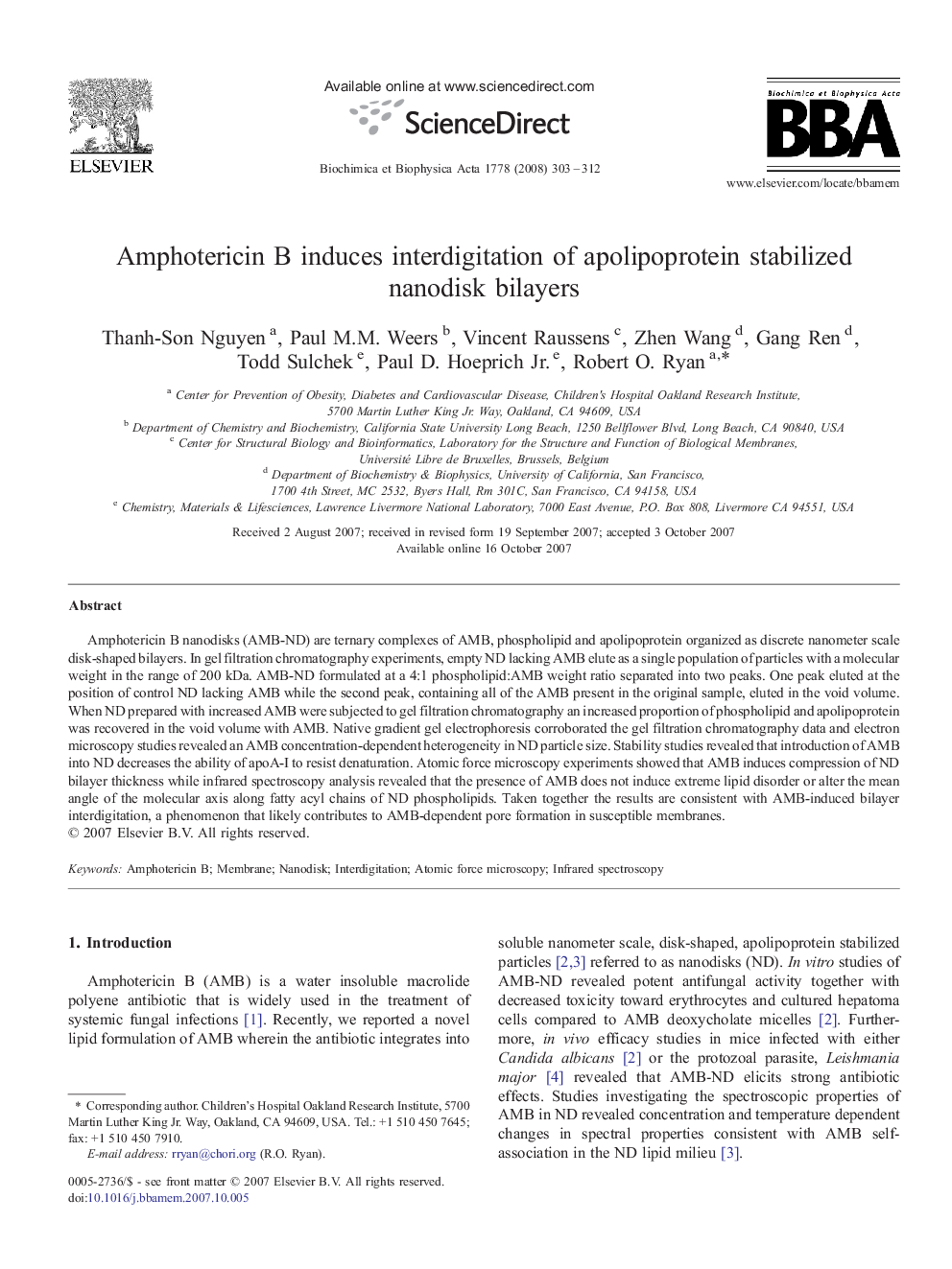 Amphotericin B induces interdigitation of apolipoprotein stabilized nanodisk bilayers