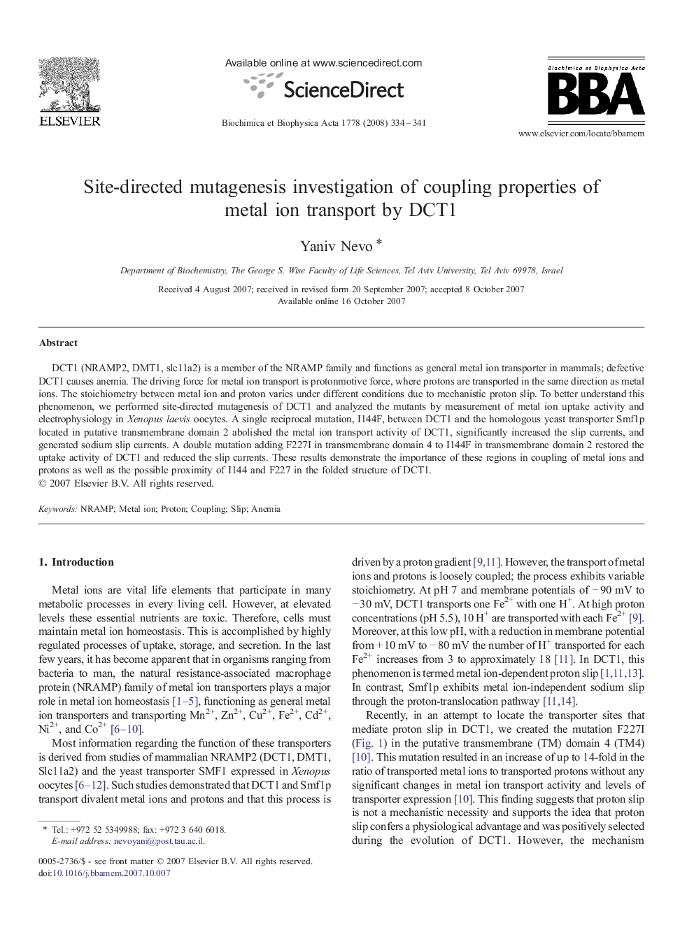 Site-directed mutagenesis investigation of coupling properties of metal ion transport by DCT1