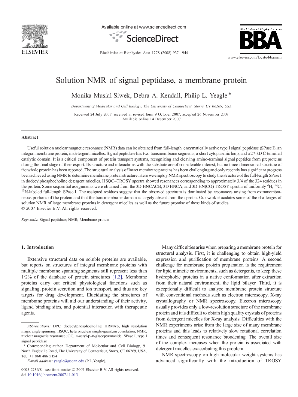 Solution NMR of signal peptidase, a membrane protein