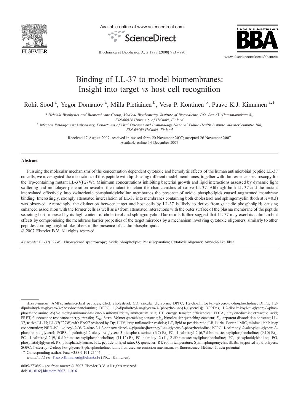 Binding of LL-37 to model biomembranes: Insight into target vs host cell recognition