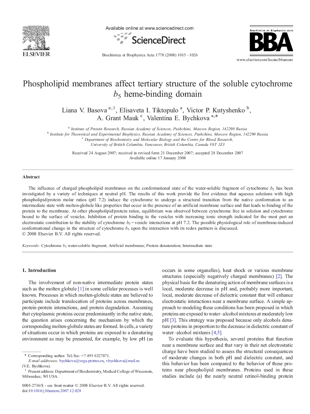 Phospholipid membranes affect tertiary structure of the soluble cytochrome b5 heme-binding domain