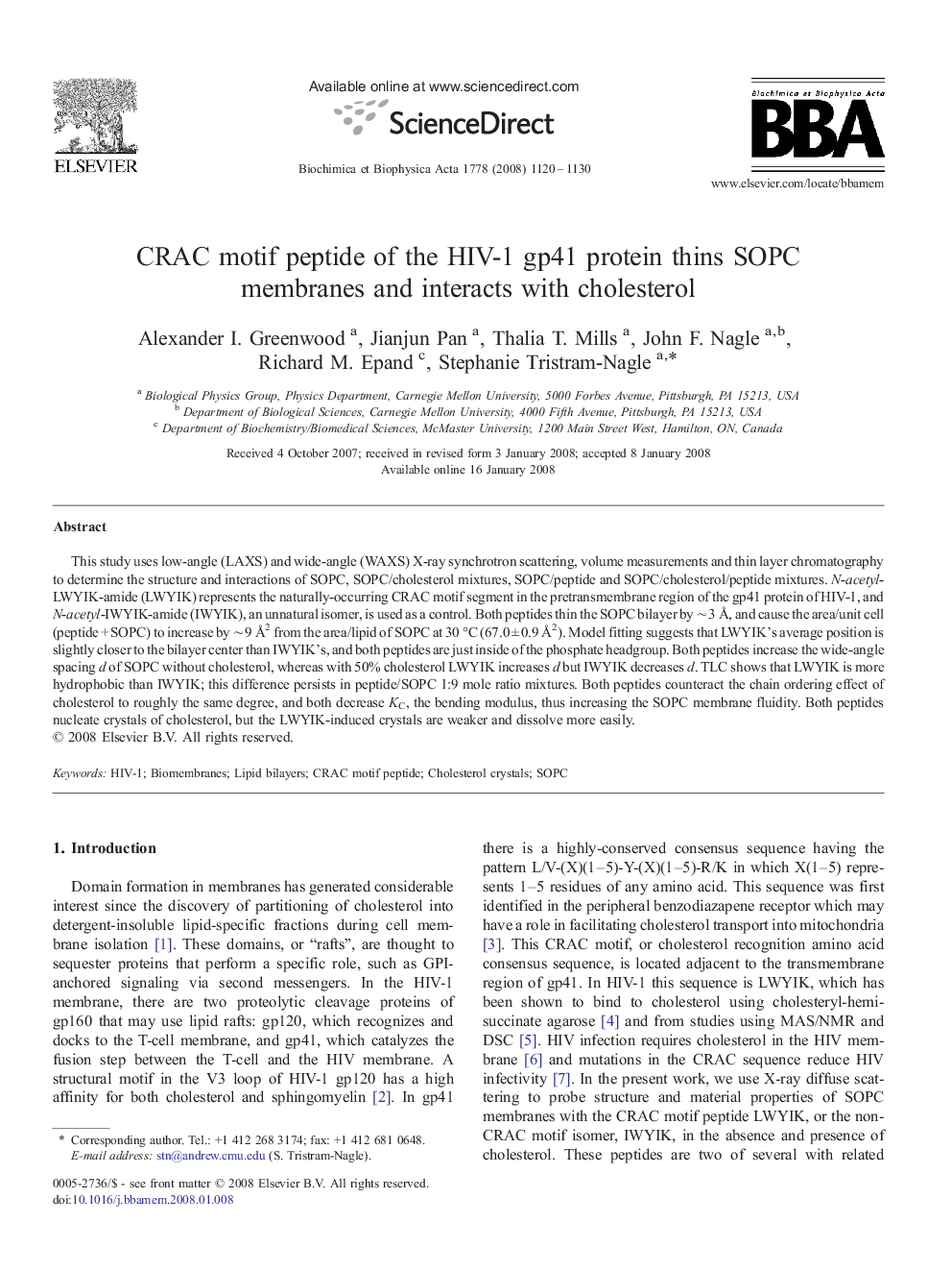 CRAC motif peptide of the HIV-1 gp41 protein thins SOPC membranes and interacts with cholesterol