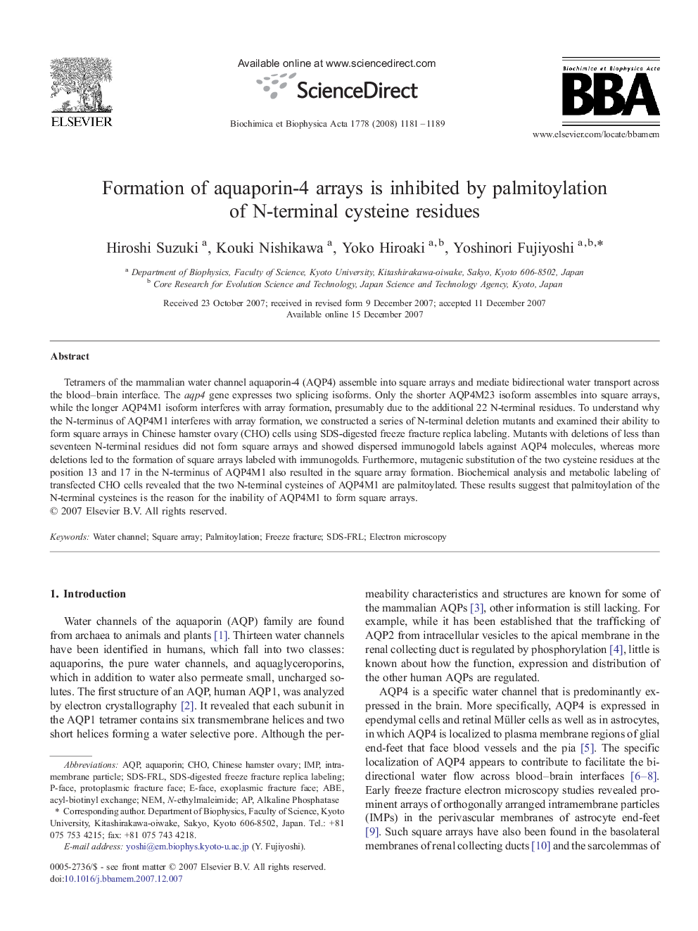 Formation of aquaporin-4 arrays is inhibited by palmitoylation of N-terminal cysteine residues