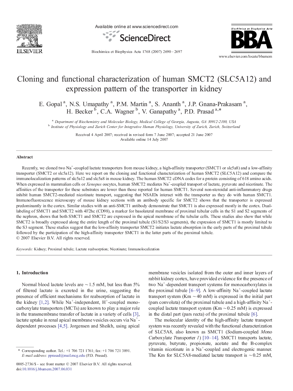عکس صفحه اول مقاله: Cloning and functional characterization of human SMCT2 (SLC5A12) and expression pattern of the transporter in kidney Cloning and functional characterization of human SMCT2 (SLC5A12) and expression pattern of the transporter in kidney