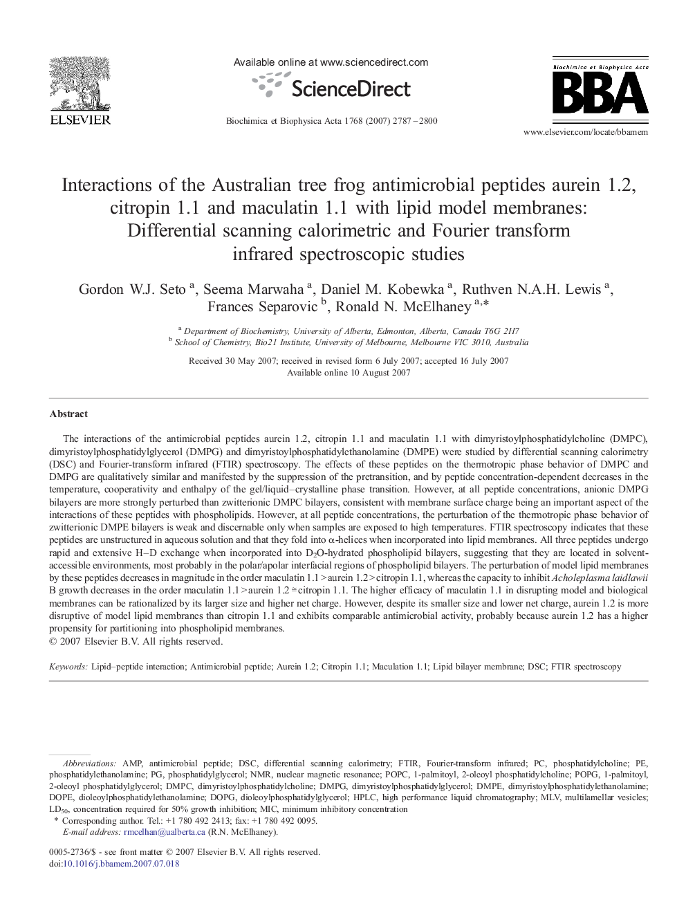 Interactions of the Australian tree frog antimicrobial peptides aurein 1.2, citropin 1.1 and maculatin 1.1 with lipid model membranes: Differential scanning calorimetric and Fourier transform infrared spectroscopic studies