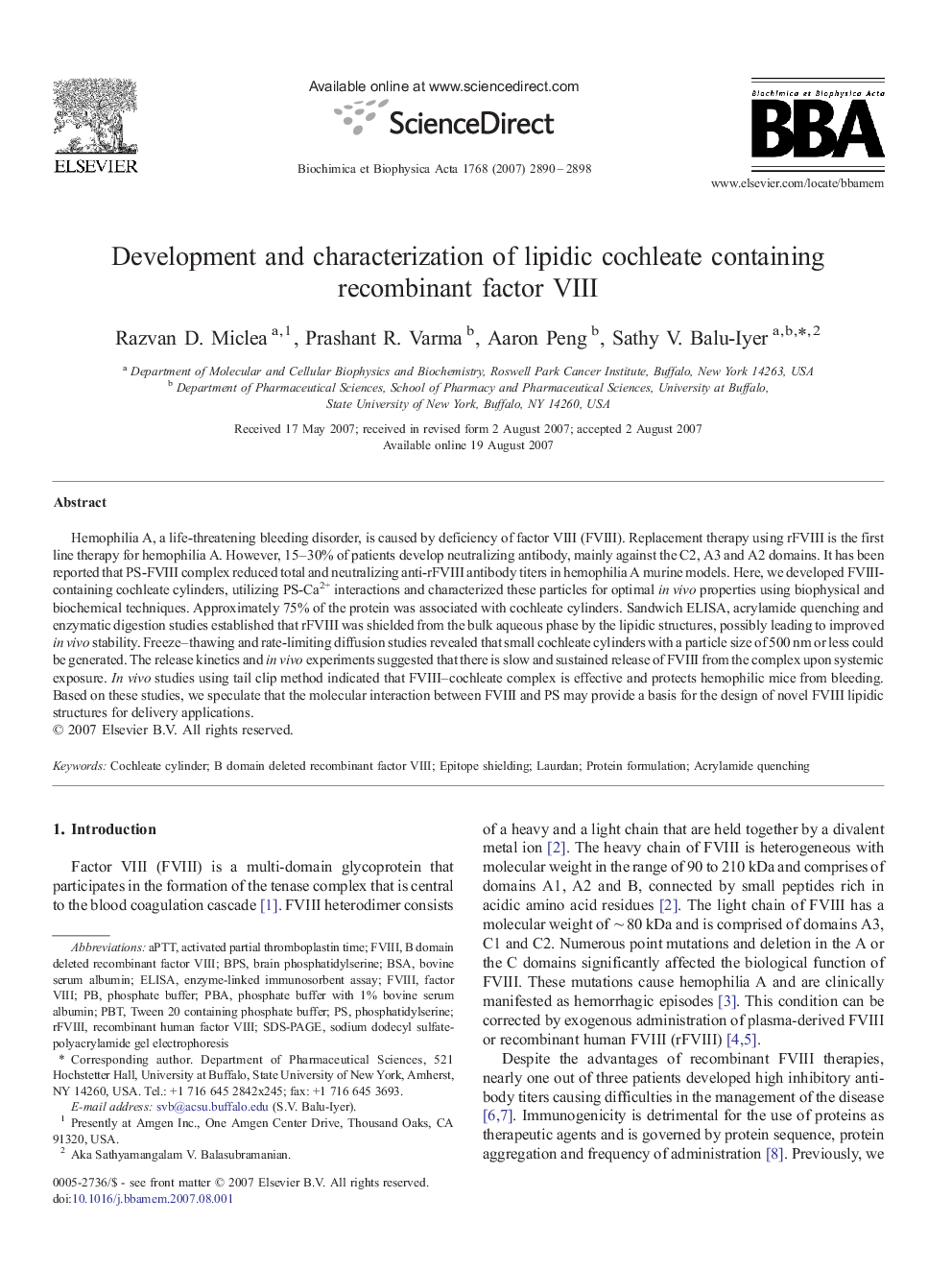 Development and characterization of lipidic cochleate containing recombinant factor VIII