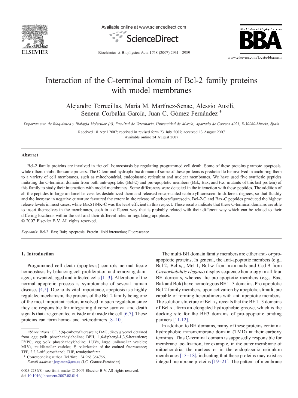 Interaction of the C-terminal domain of Bcl-2 family proteins with model membranes