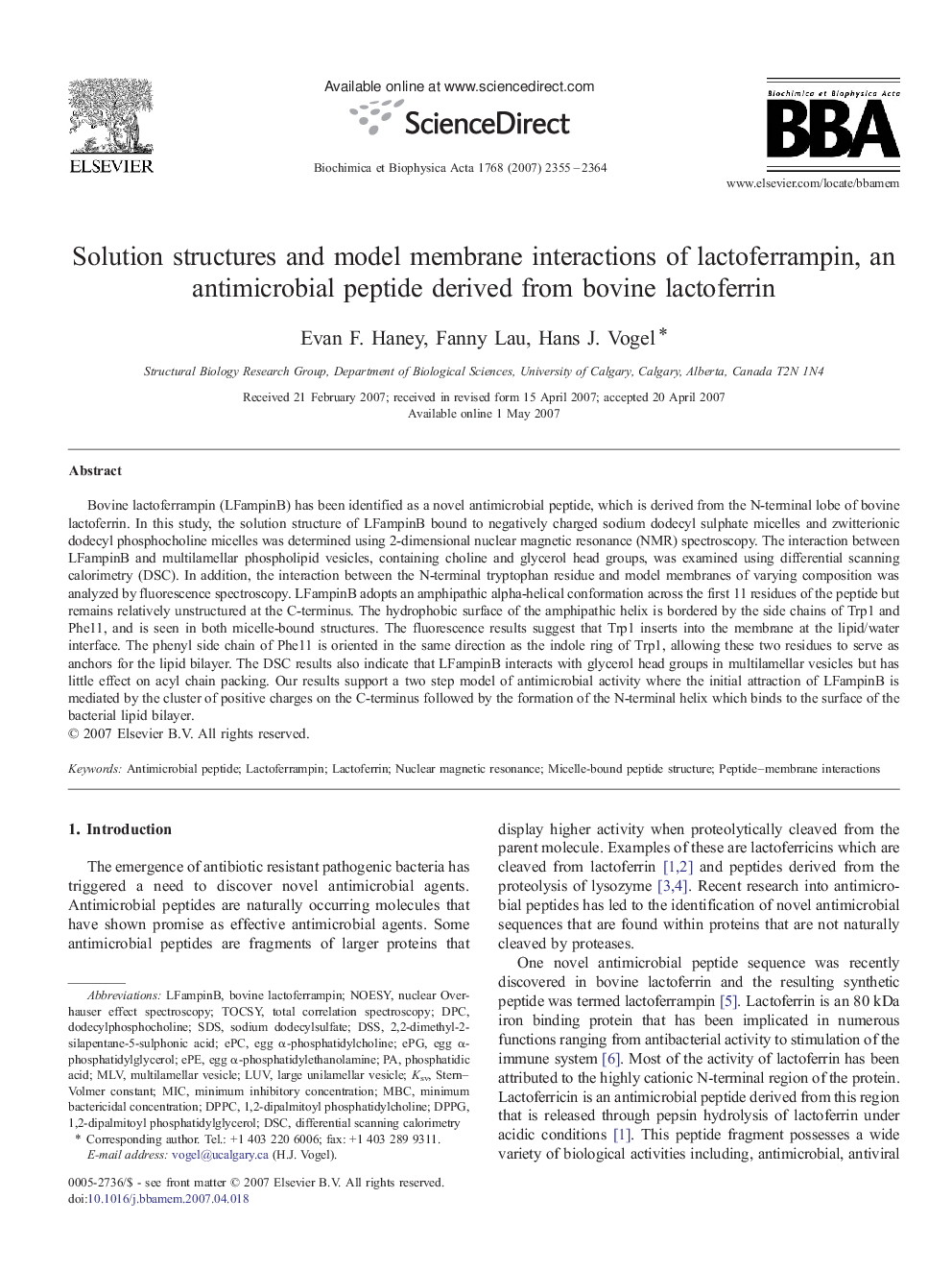 Solution structures and model membrane interactions of lactoferrampin, an antimicrobial peptide derived from bovine lactoferrin