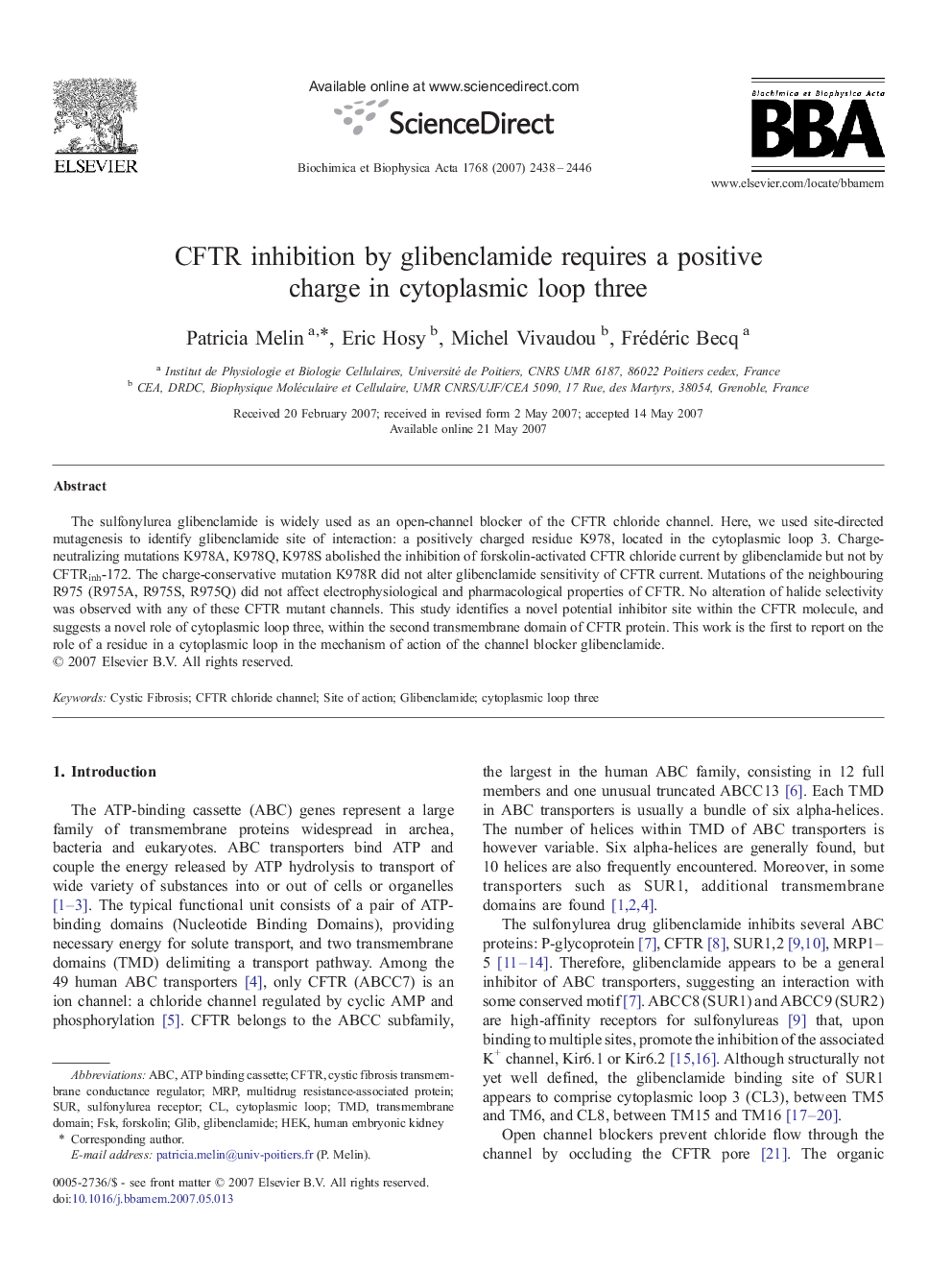 CFTR inhibition by glibenclamide requires a positive charge in cytoplasmic loop three