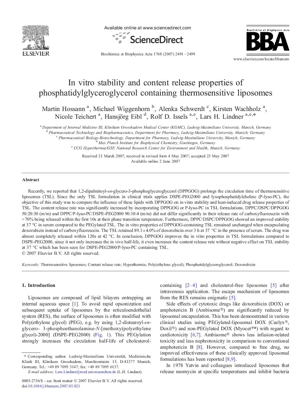 In vitro stability and content release properties of phosphatidylglyceroglycerol containing thermosensitive liposomes