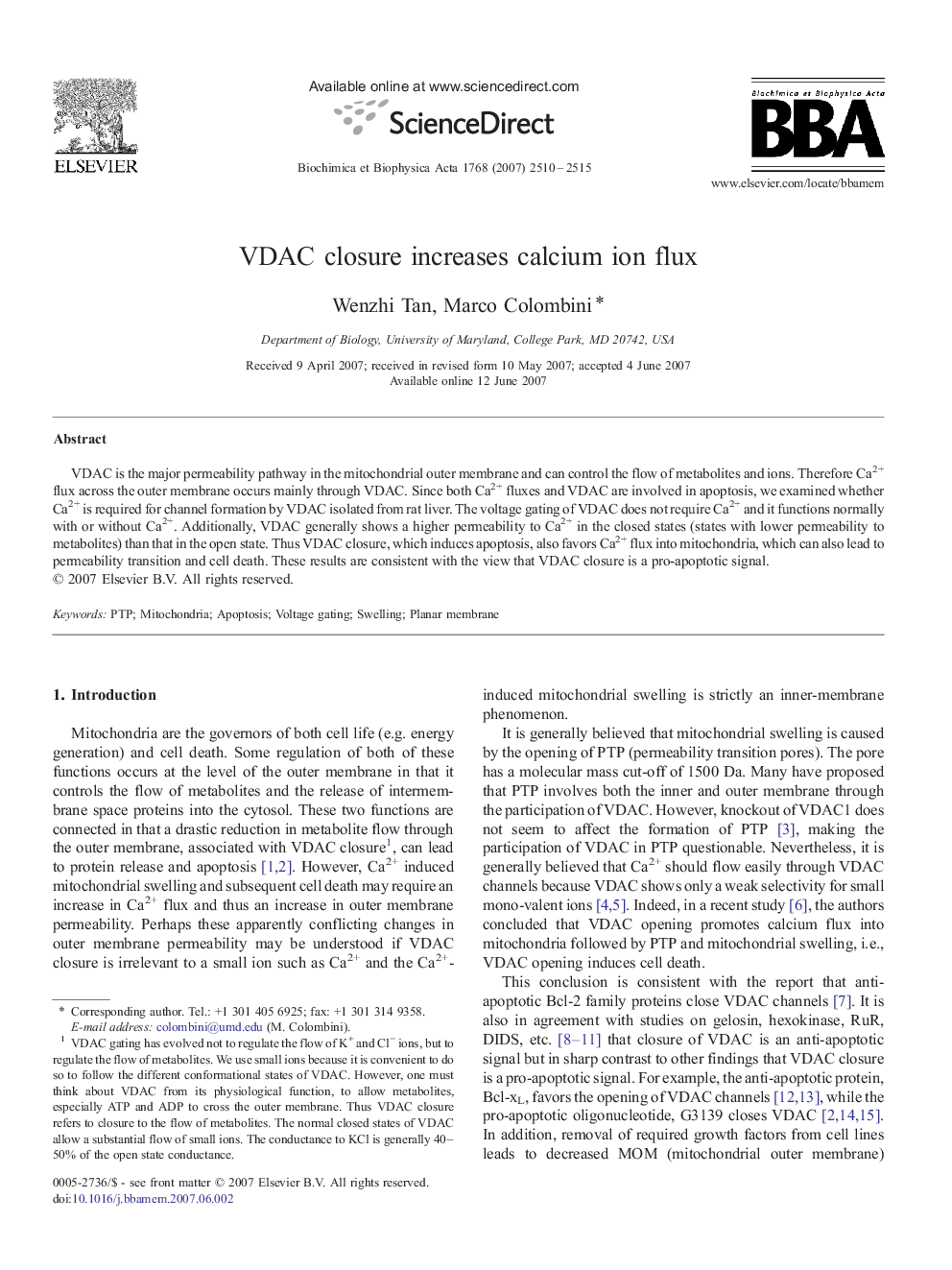 VDAC closure increases calcium ion flux