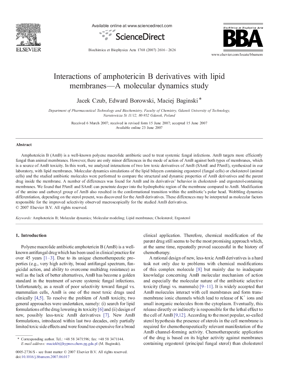 Interactions of amphotericin B derivatives with lipid membranes—A molecular dynamics study