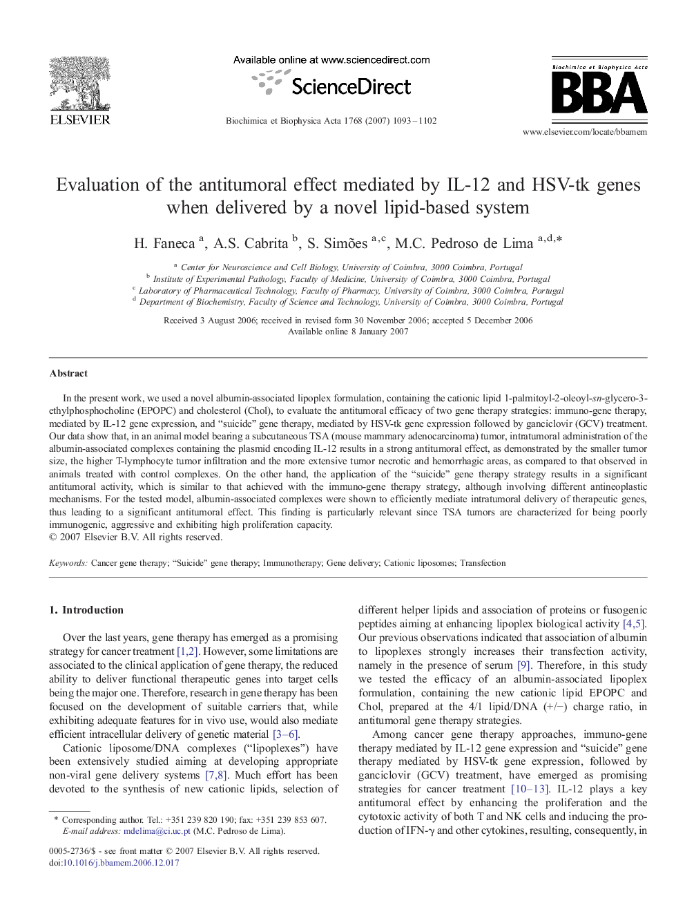 Evaluation of the antitumoral effect mediated by IL-12 and HSV-tk genes when delivered by a novel lipid-based system