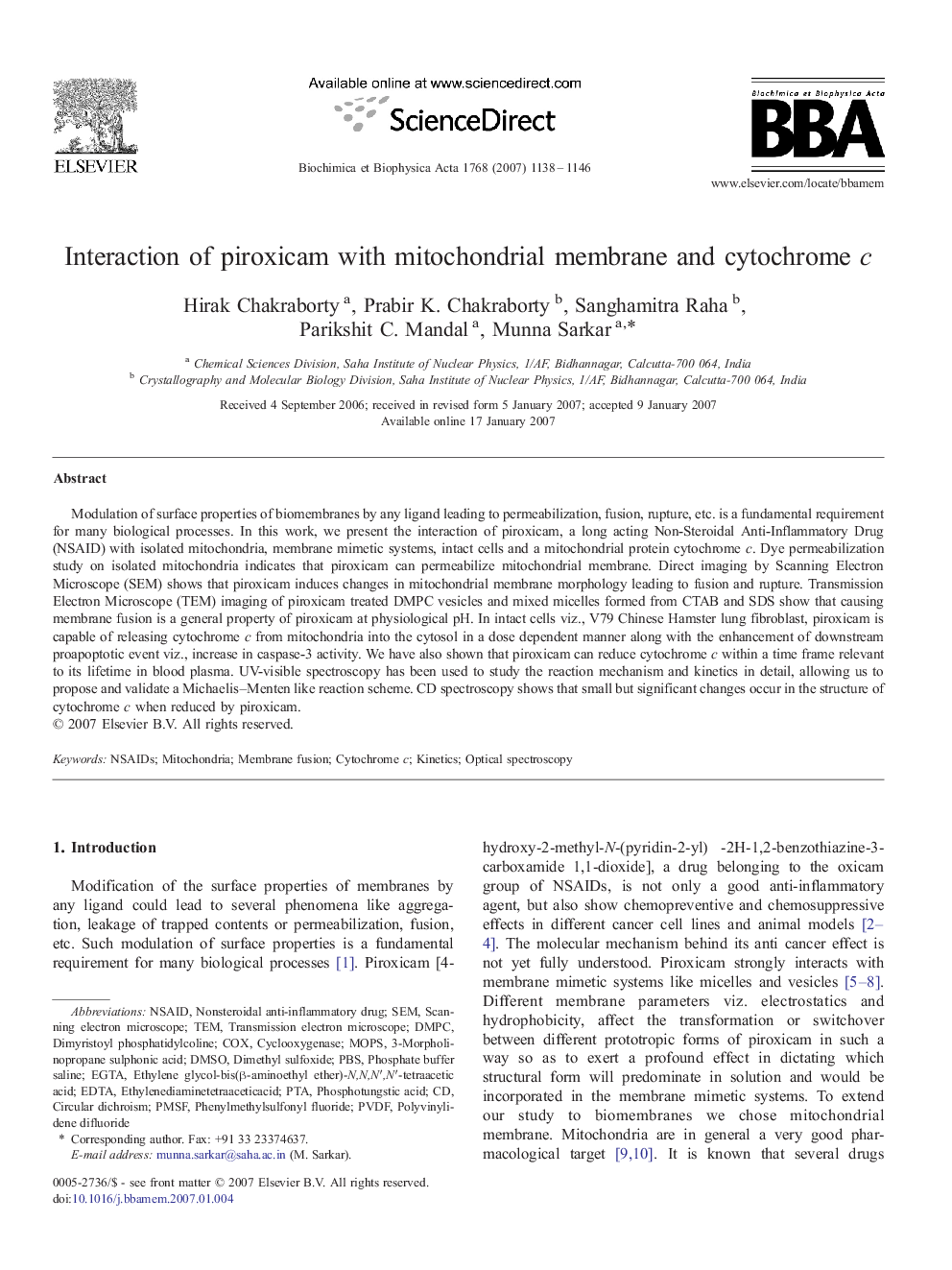 Interaction of piroxicam with mitochondrial membrane and cytochrome c