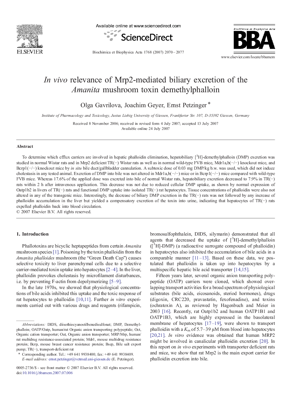 In vivo relevance of Mrp2-mediated biliary excretion of the Amanita mushroom toxin demethylphalloin