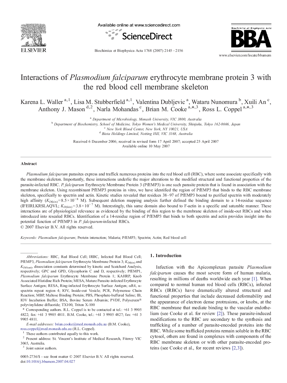 Interactions of Plasmodium falciparum erythrocyte membrane protein 3 with the red blood cell membrane skeleton