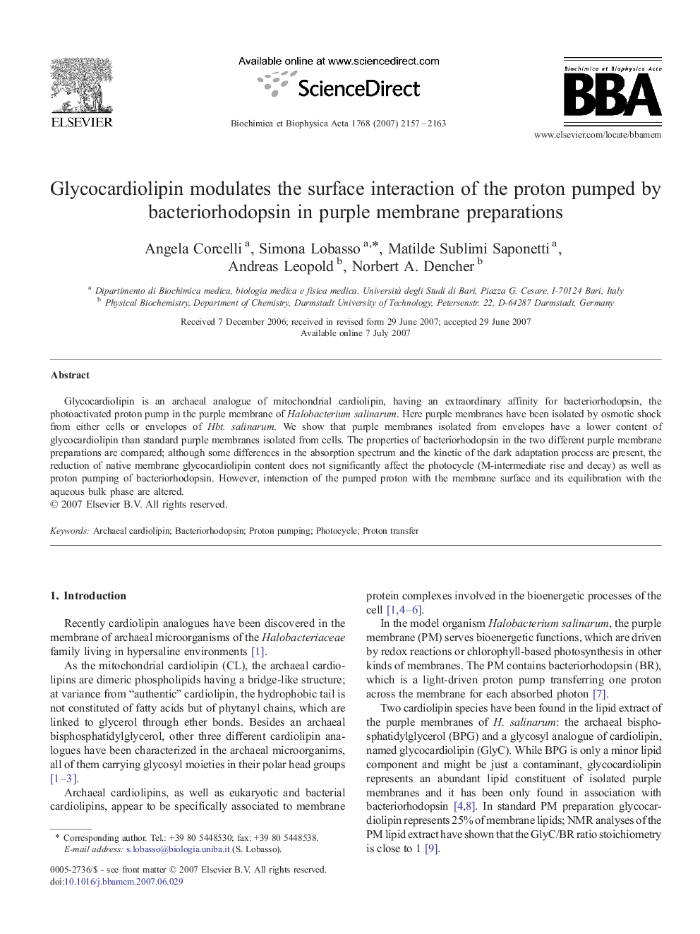 Glycocardiolipin modulates the surface interaction of the proton pumped by bacteriorhodopsin in purple membrane preparations