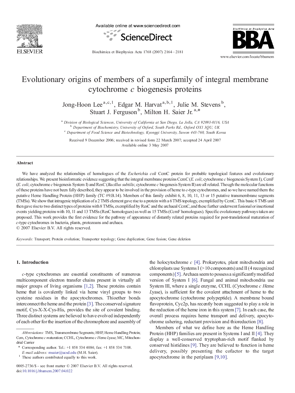 Evolutionary origins of members of a superfamily of integral membrane cytochrome c biogenesis proteins