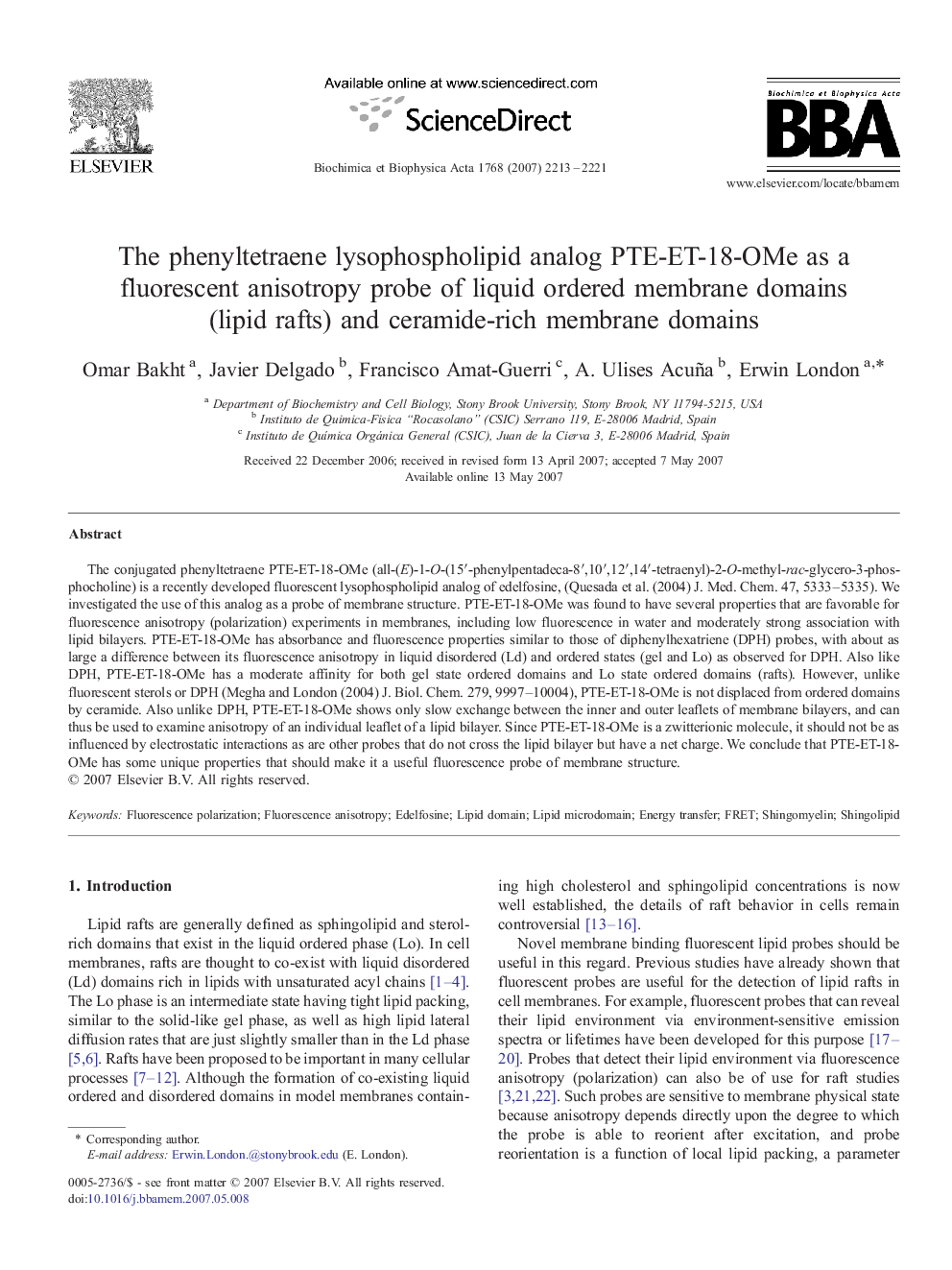 The phenyltetraene lysophospholipid analog PTE-ET-18-OMe as a fluorescent anisotropy probe of liquid ordered membrane domains (lipid rafts) and ceramide-rich membrane domains