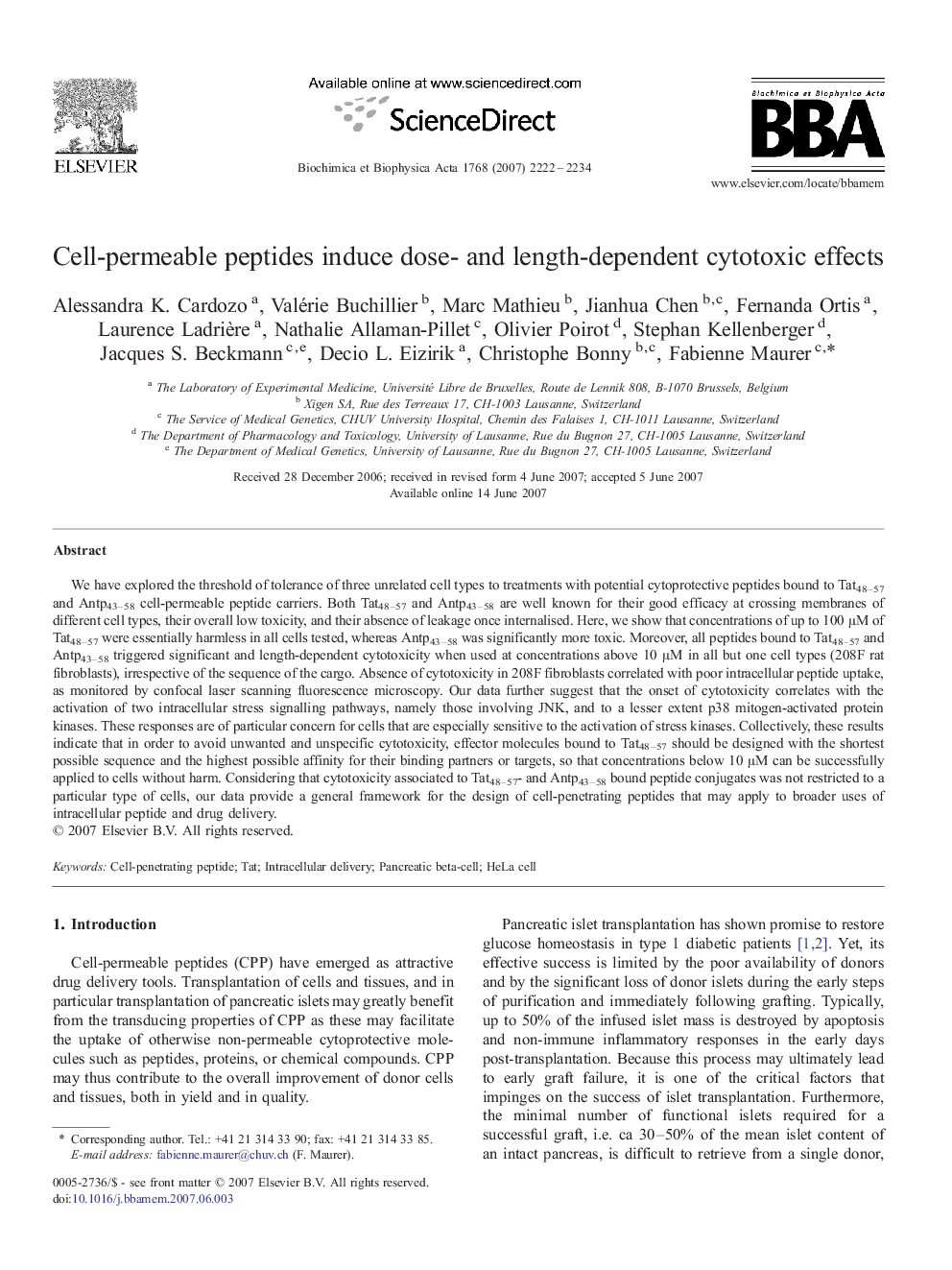 Cell-permeable peptides induce dose- and length-dependent cytotoxic effects