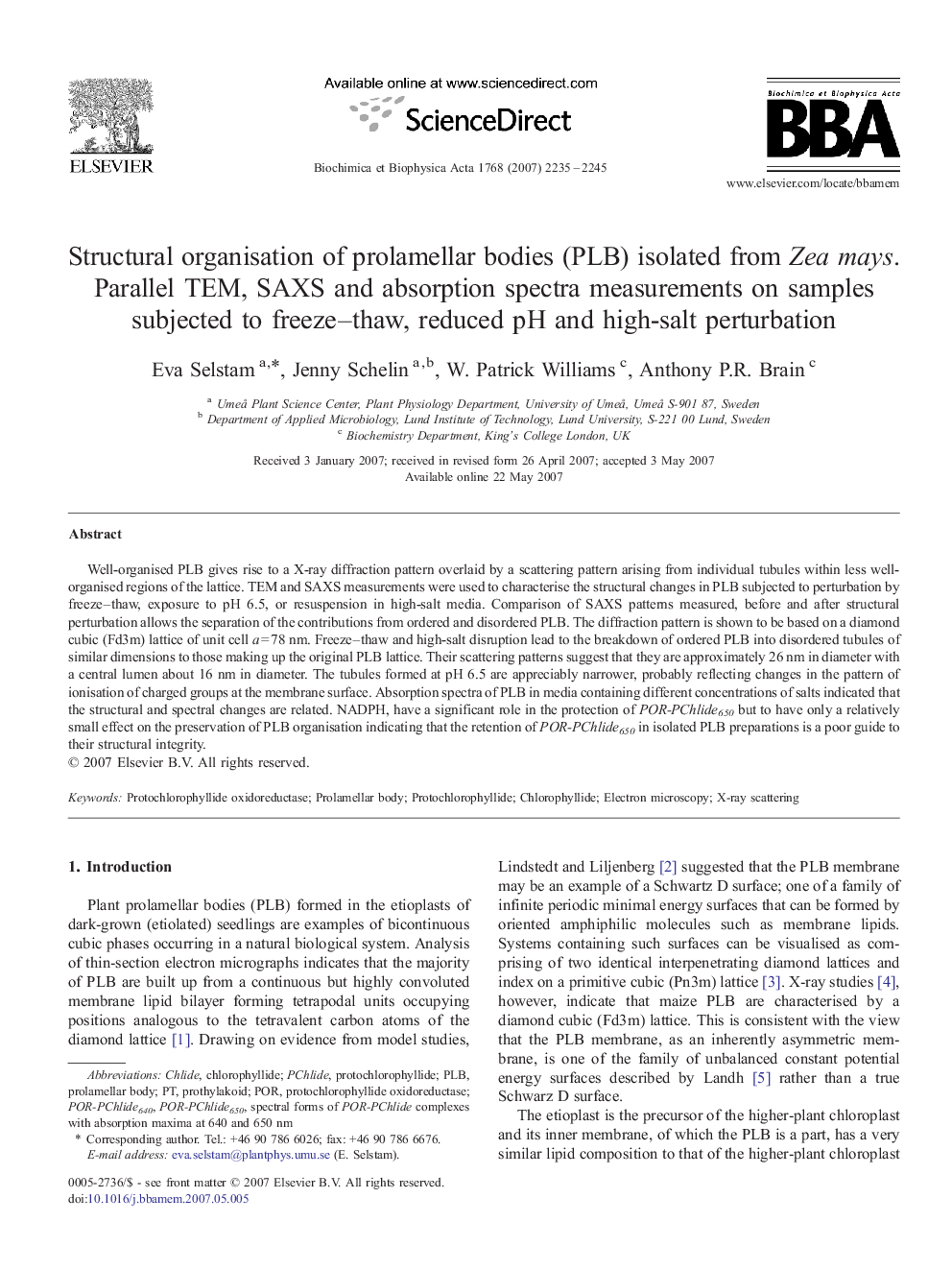 Structural organisation of prolamellar bodies (PLB) isolated from Zea mays. Parallel TEM, SAXS and absorption spectra measurements on samples subjected to freeze–thaw, reduced pH and high-salt perturbation