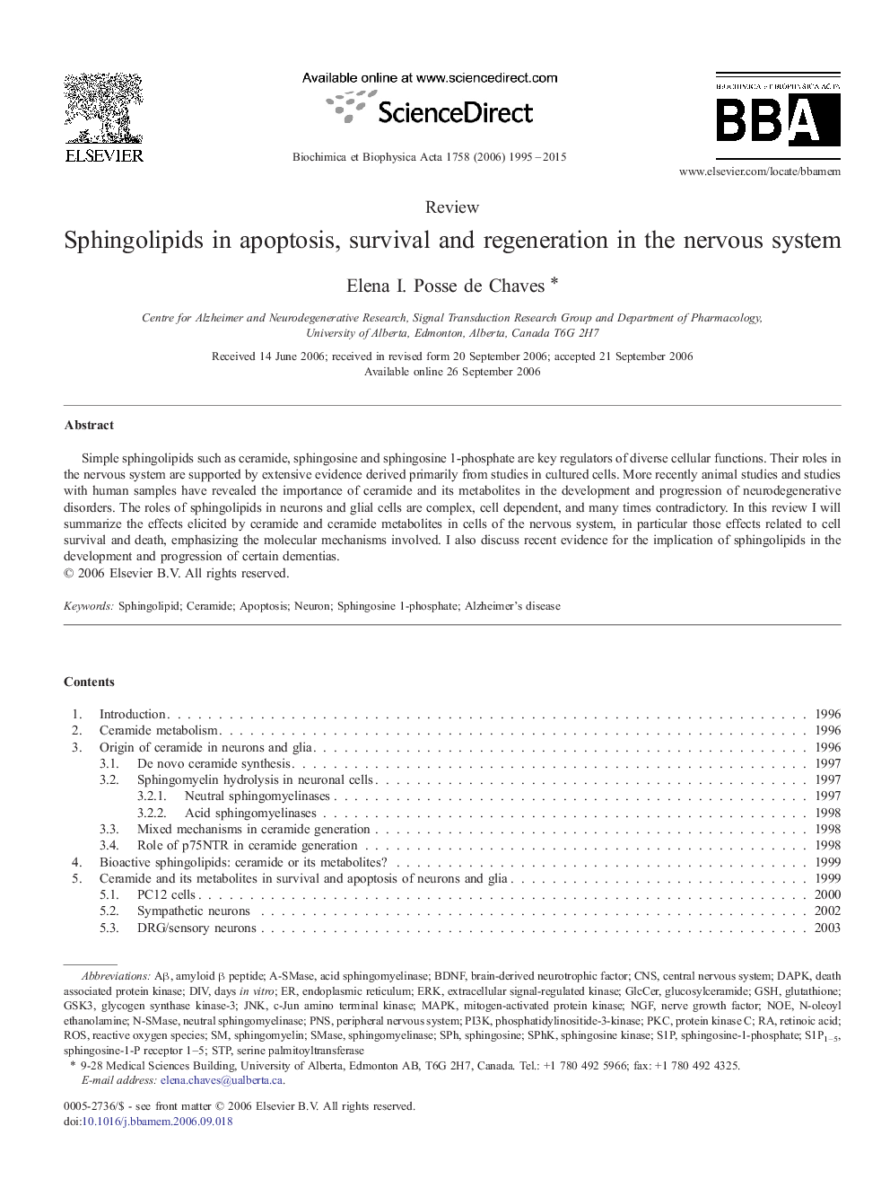 Sphingolipids in apoptosis, survival and regeneration in the nervous system