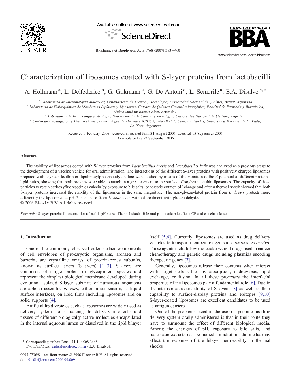 Characterization of liposomes coated with S-layer proteins from lactobacilli