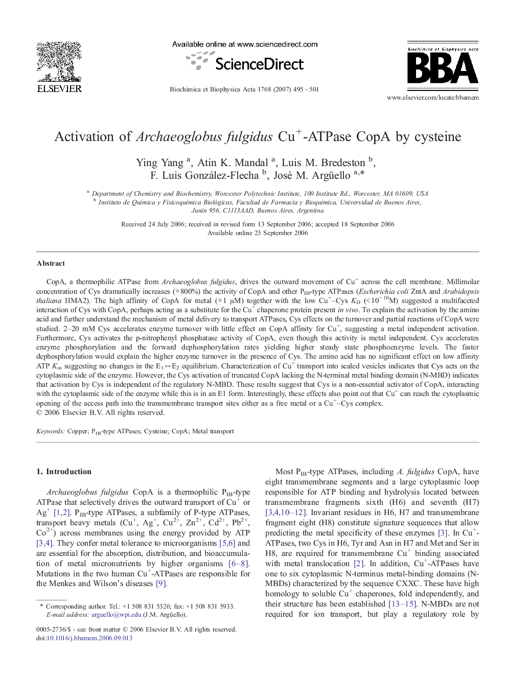 Activation of Archaeoglobus fulgidus Cu+-ATPase CopA by cysteine