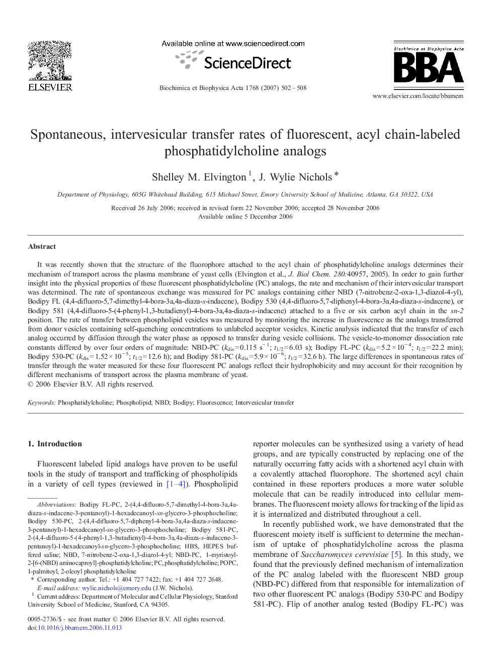 Spontaneous, intervesicular transfer rates of fluorescent, acyl chain-labeled phosphatidylcholine analogs