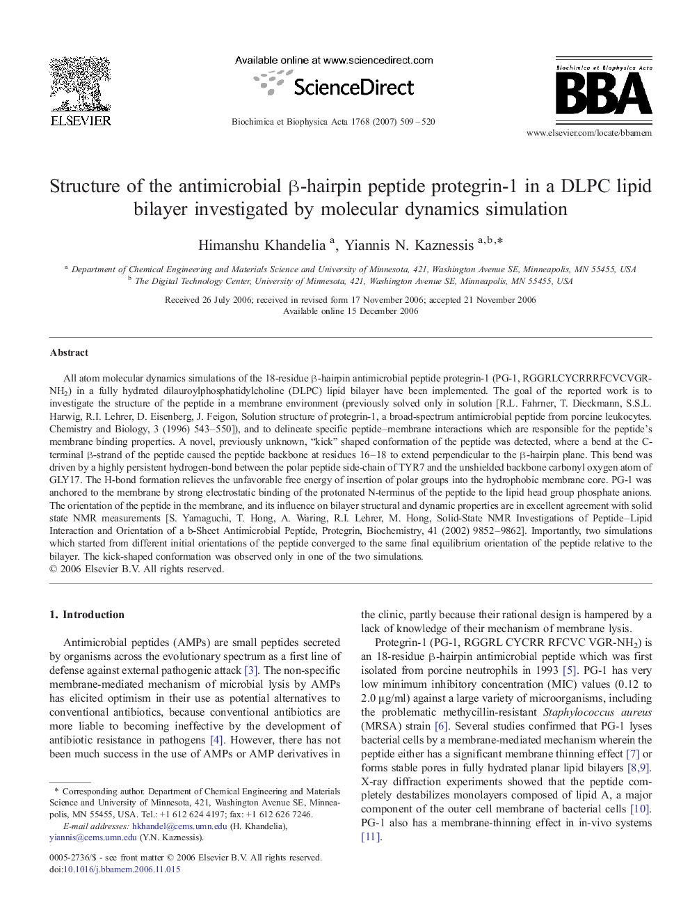 Structure of the antimicrobial β-hairpin peptide protegrin-1 in a DLPC lipid bilayer investigated by molecular dynamics simulation