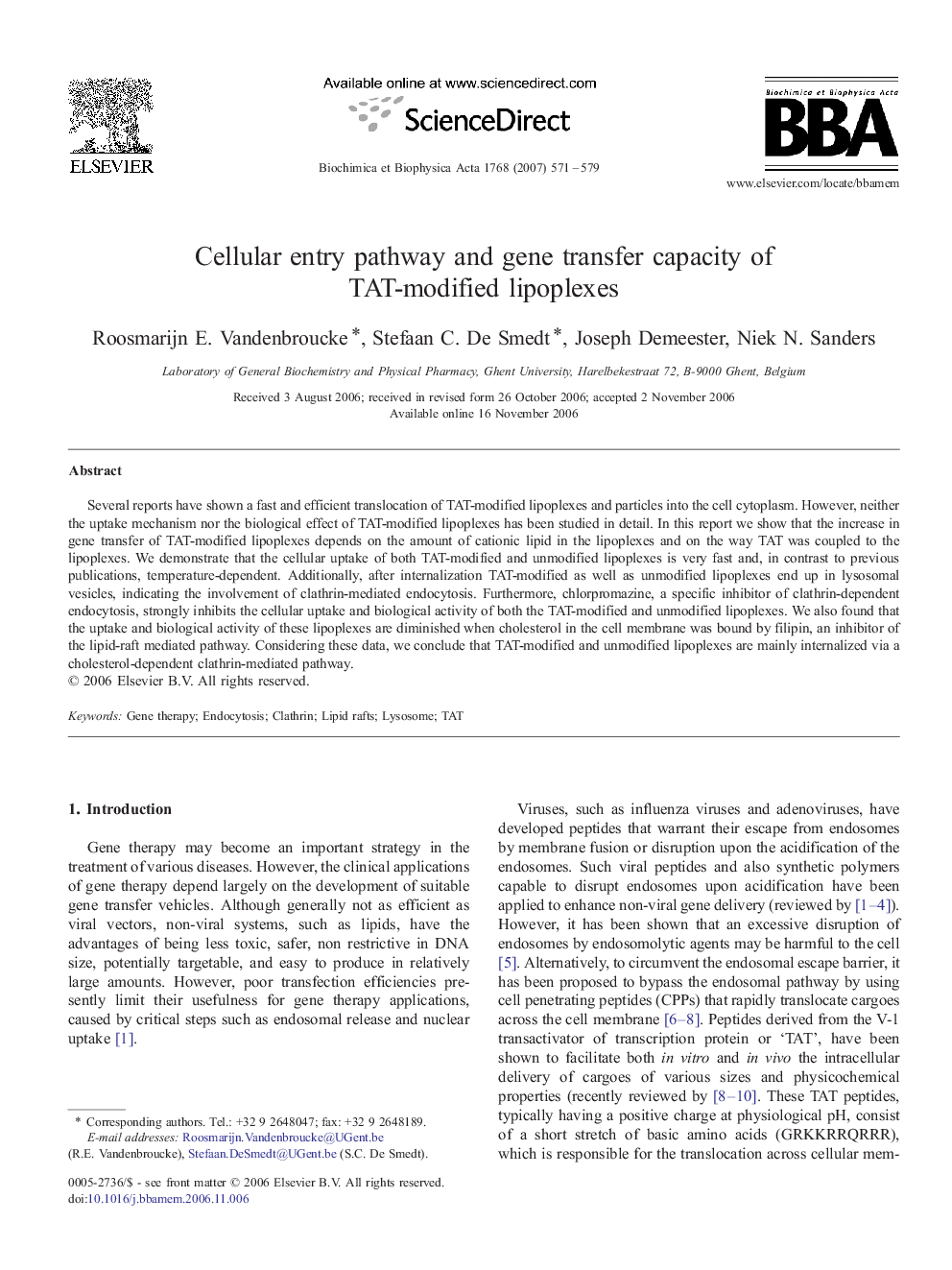 Cellular entry pathway and gene transfer capacity of TAT-modified lipoplexes