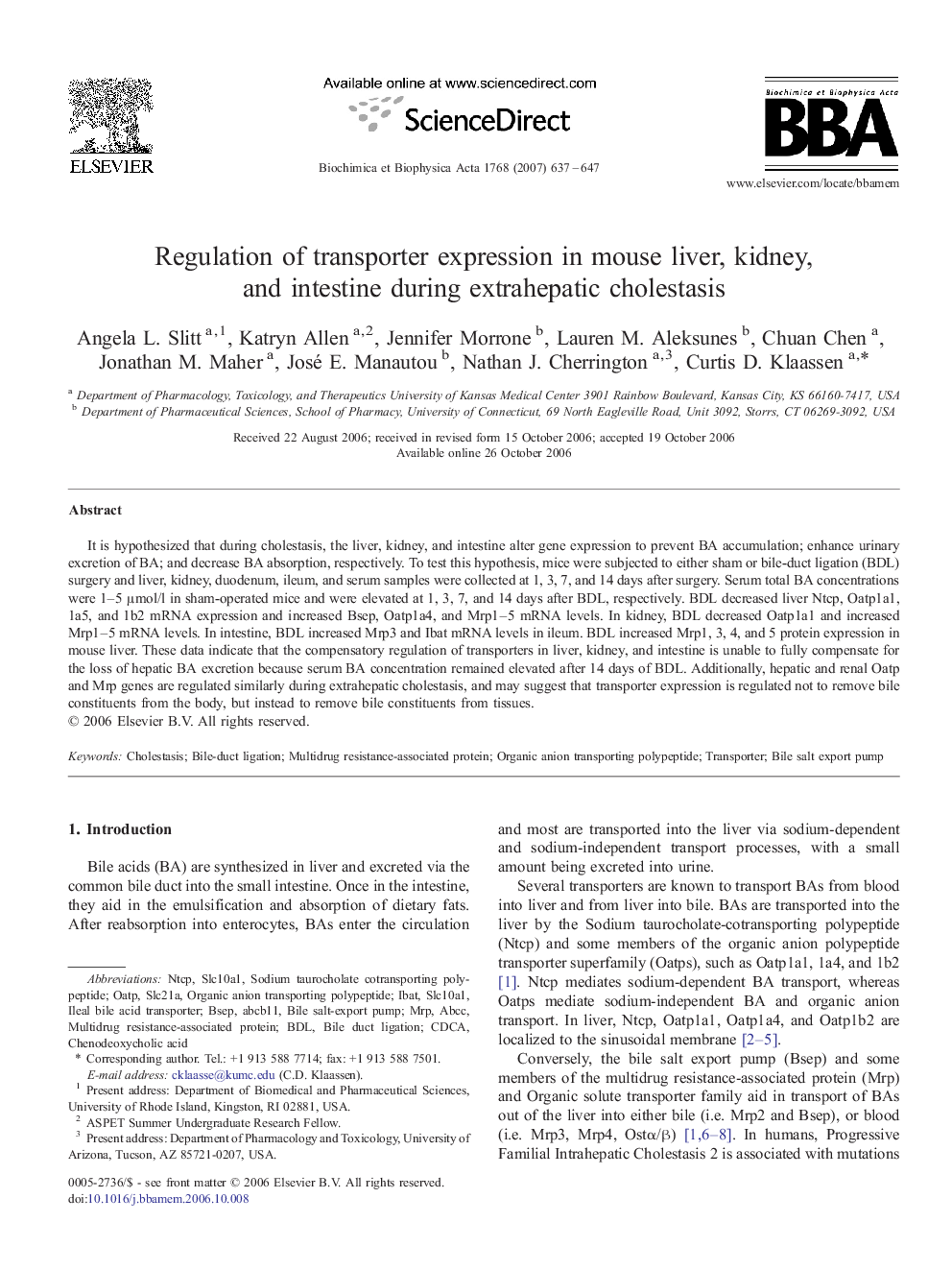 Regulation of transporter expression in mouse liver, kidney, and intestine during extrahepatic cholestasis