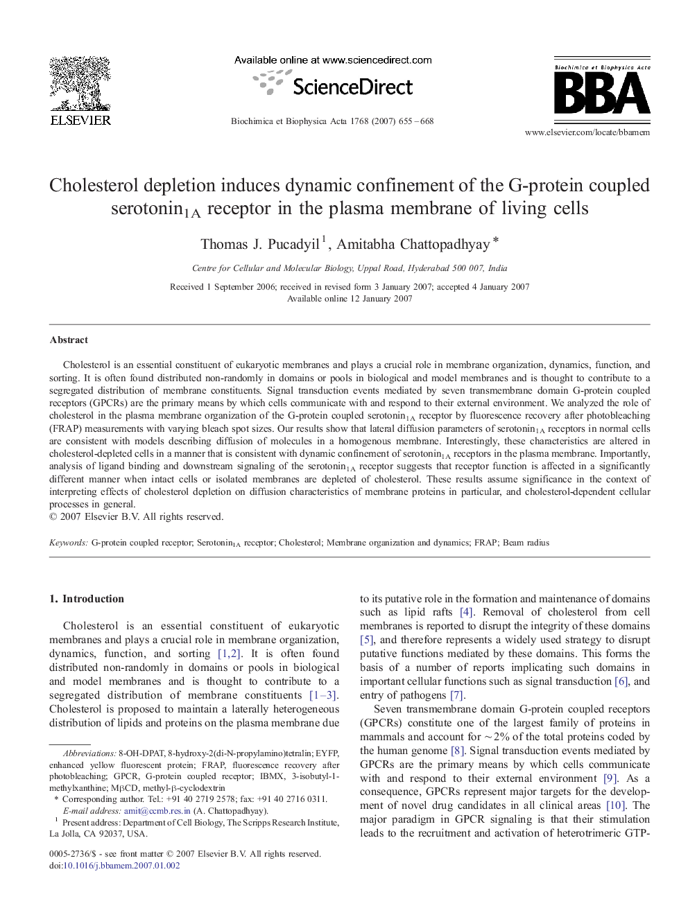 Cholesterol depletion induces dynamic confinement of the G-protein coupled serotonin1A receptor in the plasma membrane of living cells