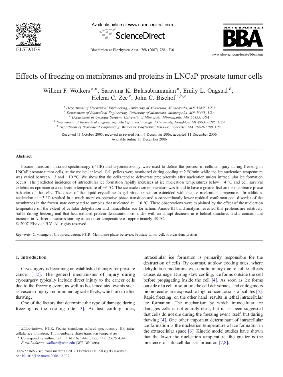 Effects of freezing on membranes and proteins in LNCaP prostate tumor cells