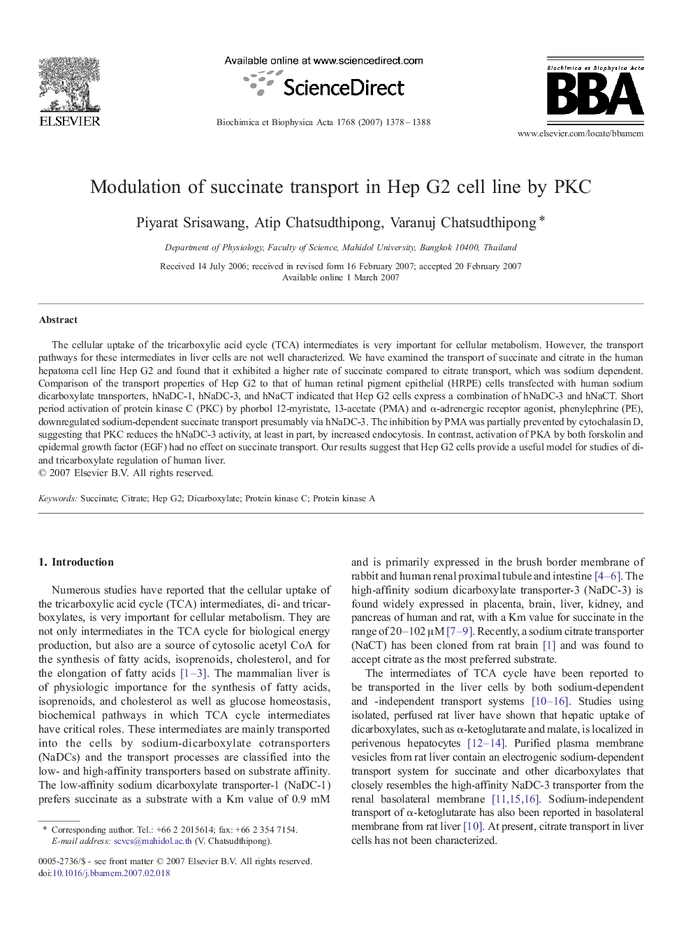 Modulation of succinate transport in Hep G2 cell line by PKC