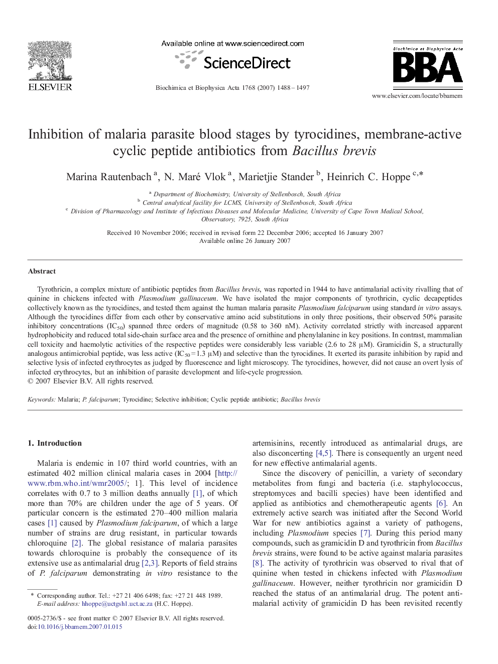 Inhibition of malaria parasite blood stages by tyrocidines, membrane-active cyclic peptide antibiotics from Bacillus brevis