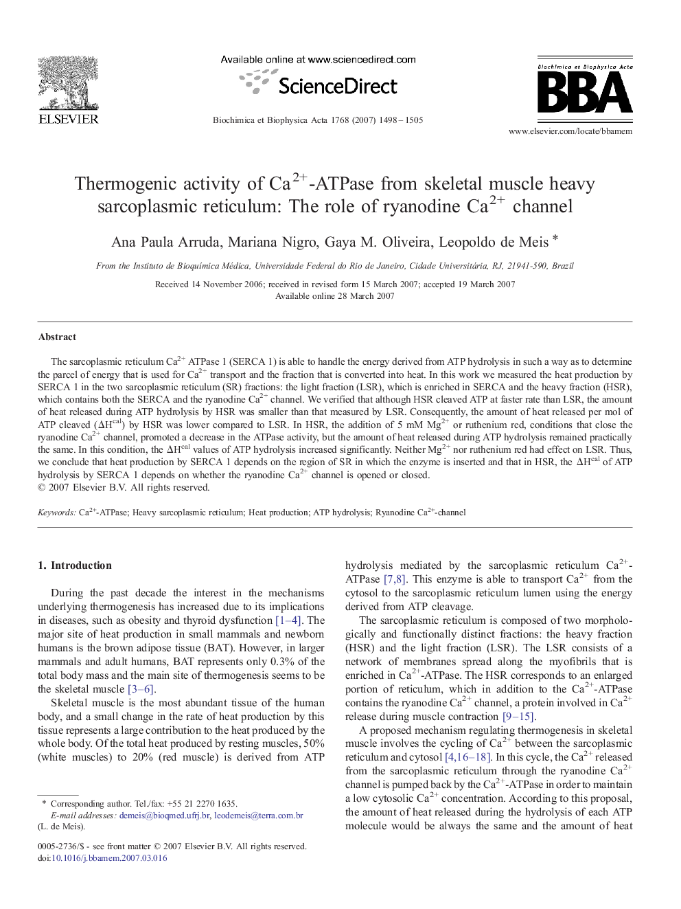 Thermogenic activity of Ca2+-ATPase from skeletal muscle heavy sarcoplasmic reticulum: The role of ryanodine Ca2+ channel