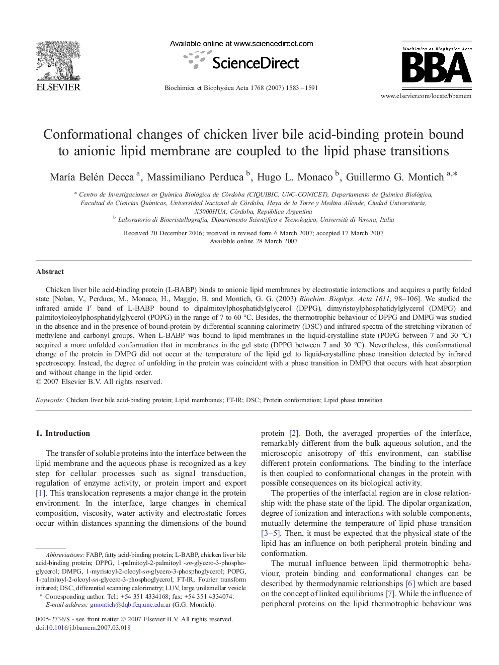 Conformational changes of chicken liver bile acid-binding protein bound to anionic lipid membrane are coupled to the lipid phase transitions