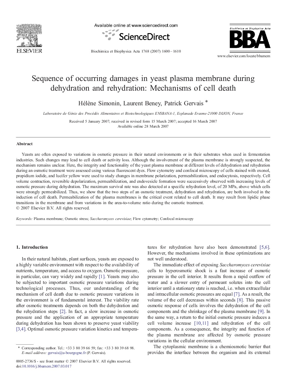 Sequence of occurring damages in yeast plasma membrane during dehydration and rehydration: Mechanisms of cell death