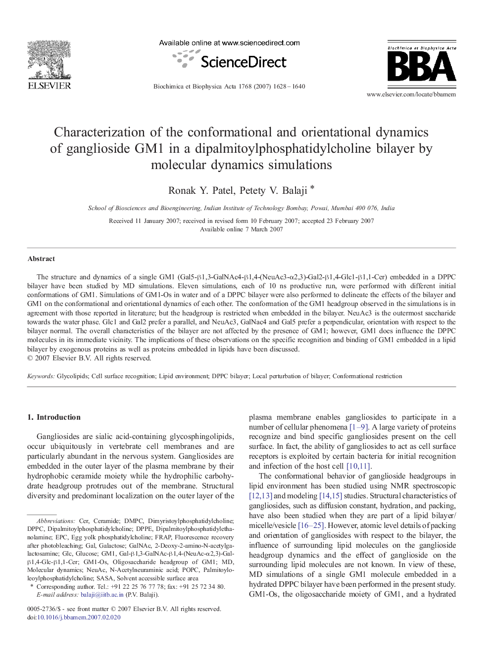 Characterization of the conformational and orientational dynamics of ganglioside GM1 in a dipalmitoylphosphatidylcholine bilayer by molecular dynamics simulations