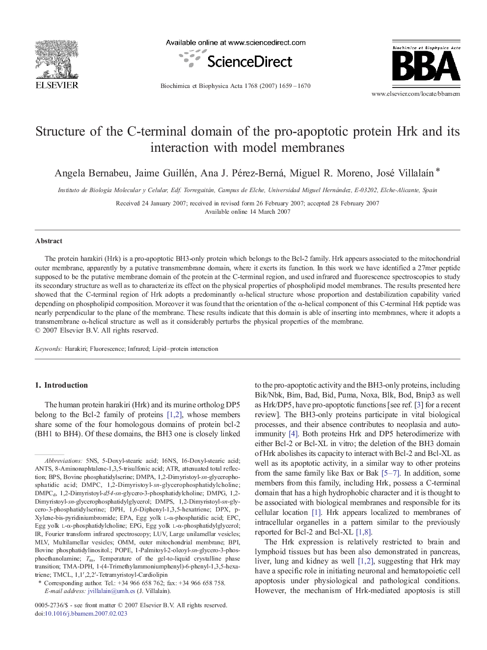 Structure of the C-terminal domain of the pro-apoptotic protein Hrk and its interaction with model membranes