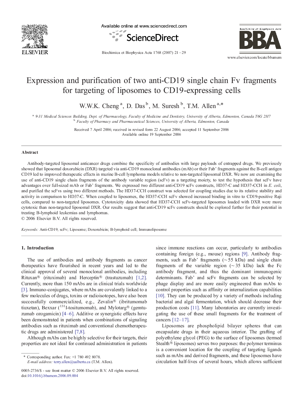 Expression and purification of two anti-CD19 single chain Fv fragments for targeting of liposomes to CD19-expressing cells