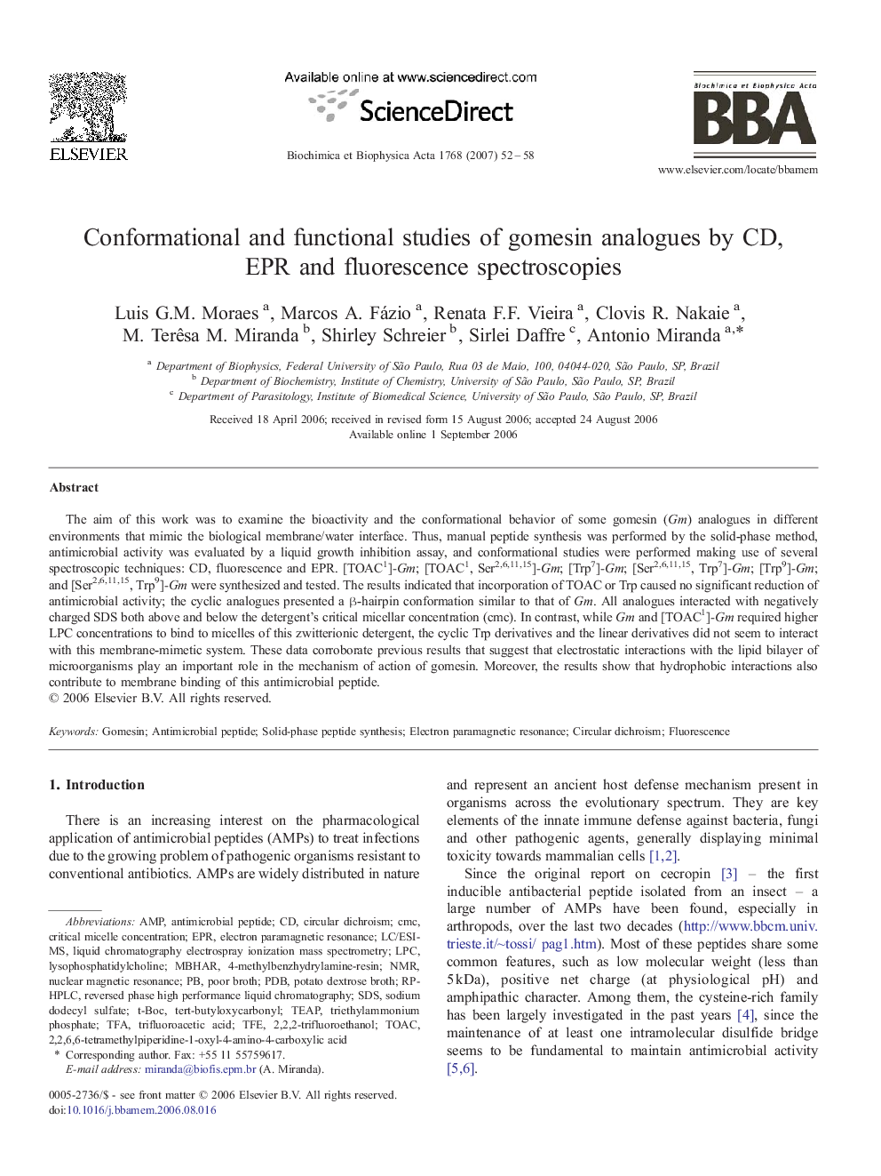 Conformational and functional studies of gomesin analogues by CD, EPR and fluorescence spectroscopies