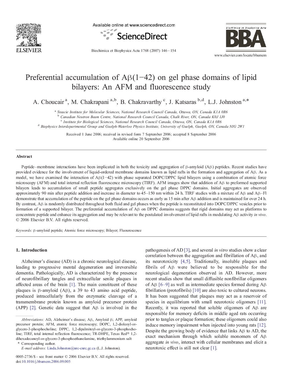 Preferential accumulation of Aβ(1−42) on gel phase domains of lipid bilayers: An AFM and fluorescence study