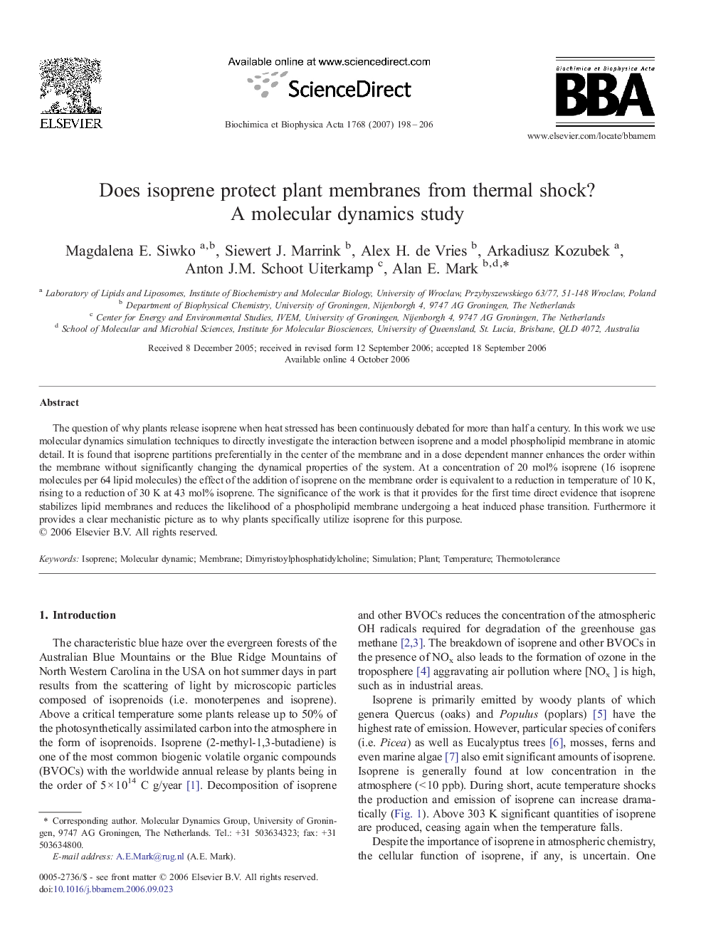 Does isoprene protect plant membranes from thermal shock? A molecular dynamics study