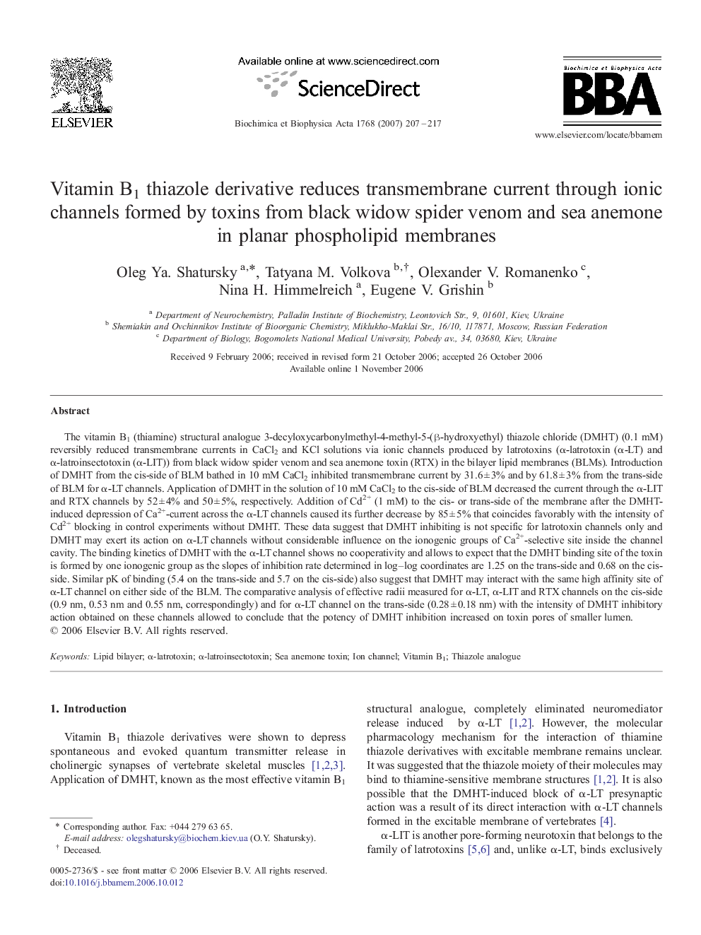 Vitamin B1 thiazole derivative reduces transmembrane current through ionic channels formed by toxins from black widow spider venom and sea anemone in planar phospholipid membranes